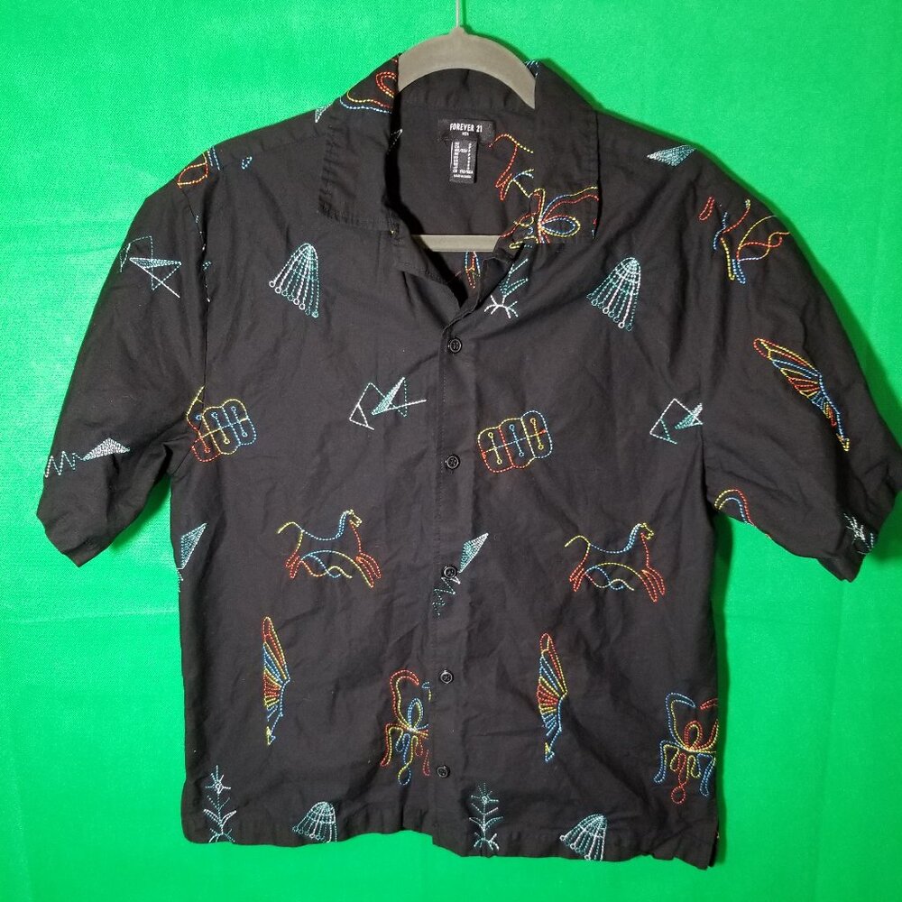 Forever 21 Mens Small Embroidered Black Short Sleeve Button Up Retro EDC Festive